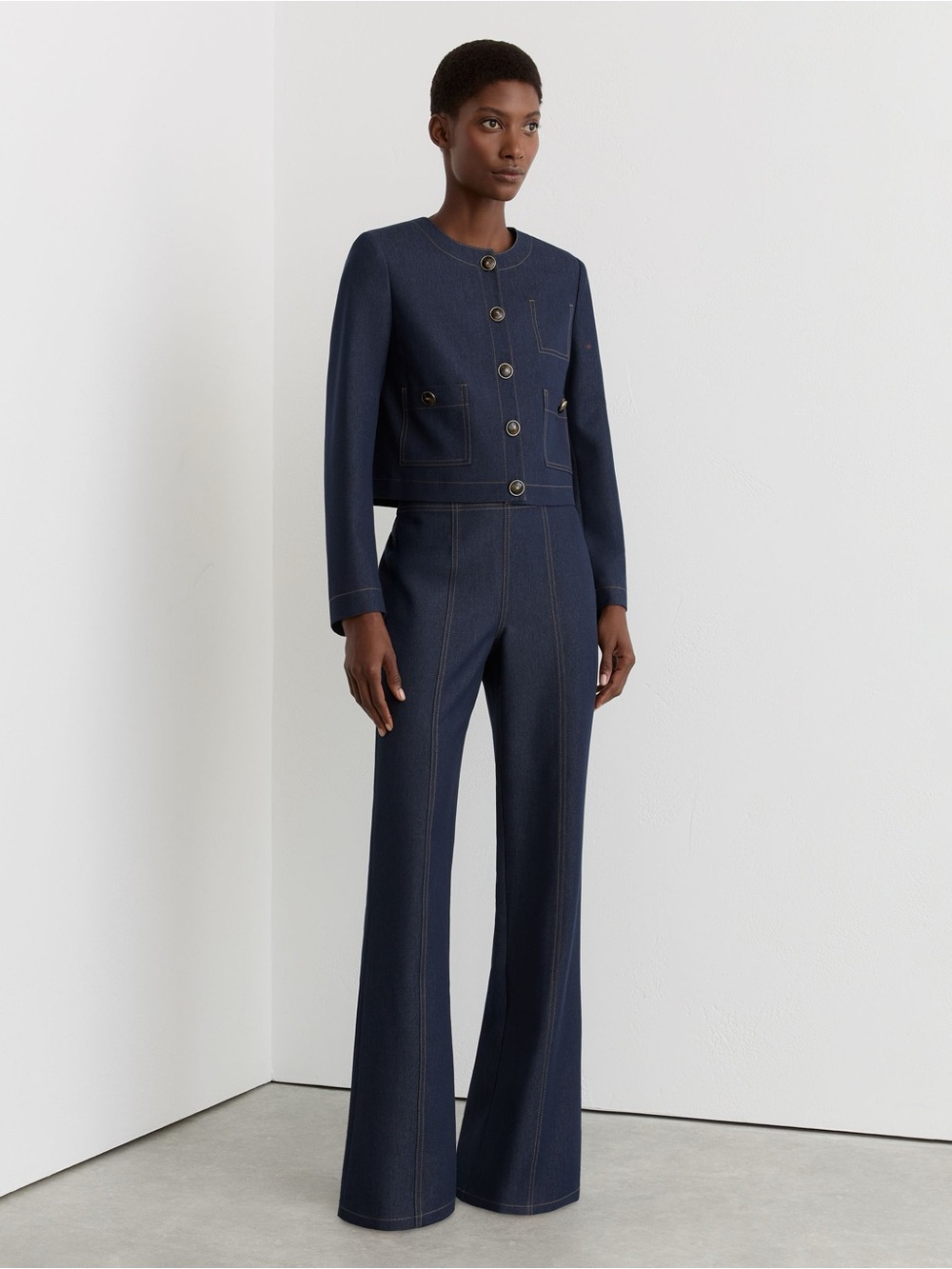 Reiss Navy Wide-Leg High-Rise Trousers